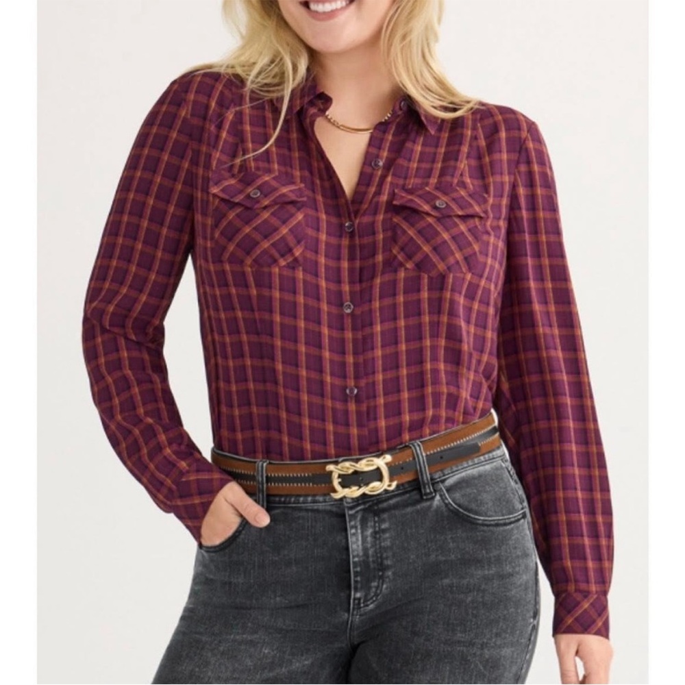 CAbi Autumn Burgundy and Orange Plaid Blouse